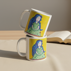 Mother 11oz white personalised mug featuring a pregnant mother with blue hair and a yellow background – AllThingsGoode