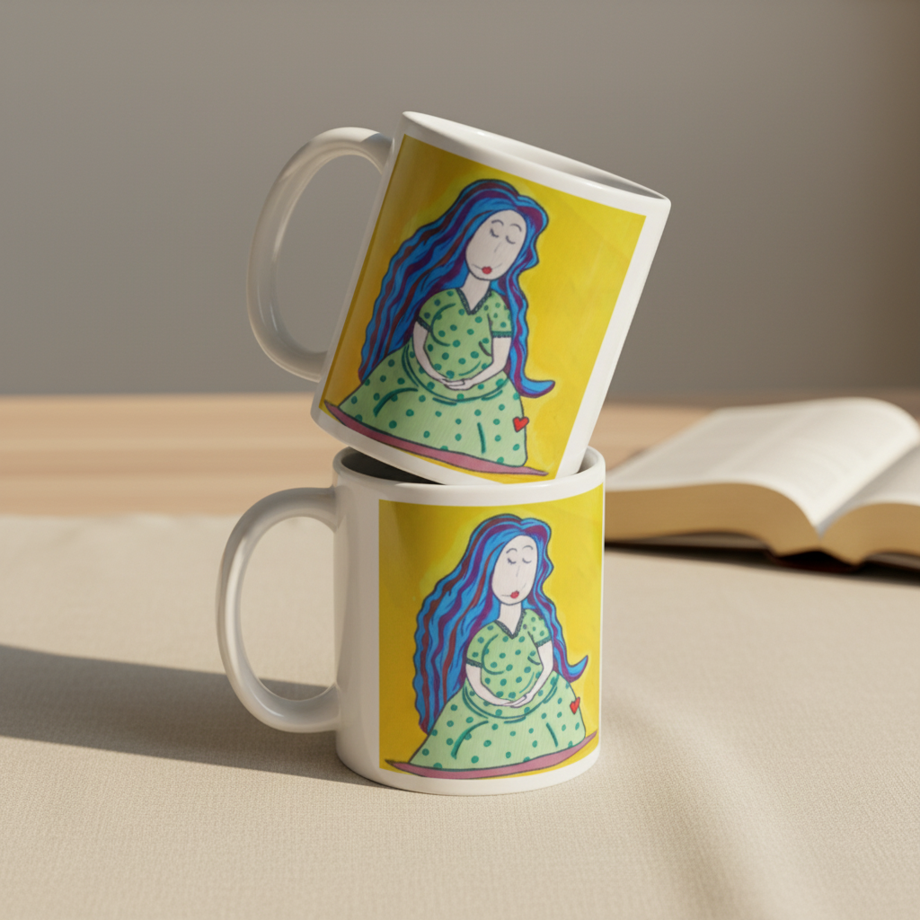 Mother 11oz white personalised mug featuring a pregnant mother with blue hair and a yellow background – AllThingsGoode