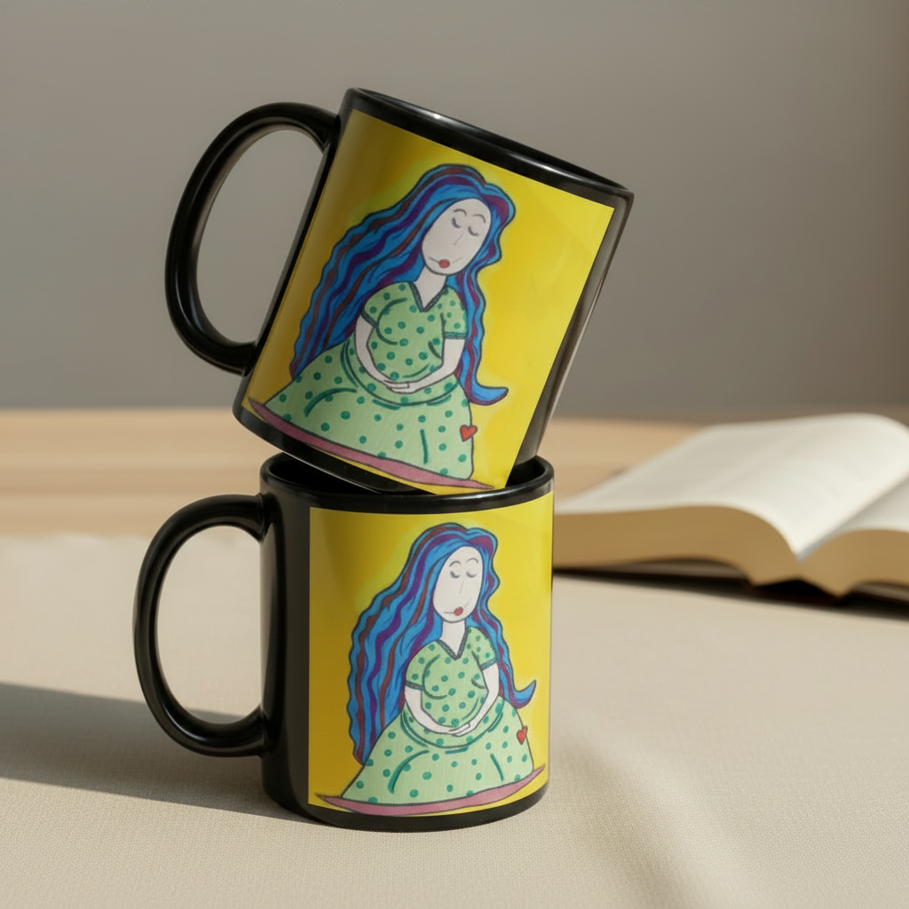 Mother 11oz black personalised mug featuring a pregnant mother with blue hair and a yellow background – AllThingsGoode
