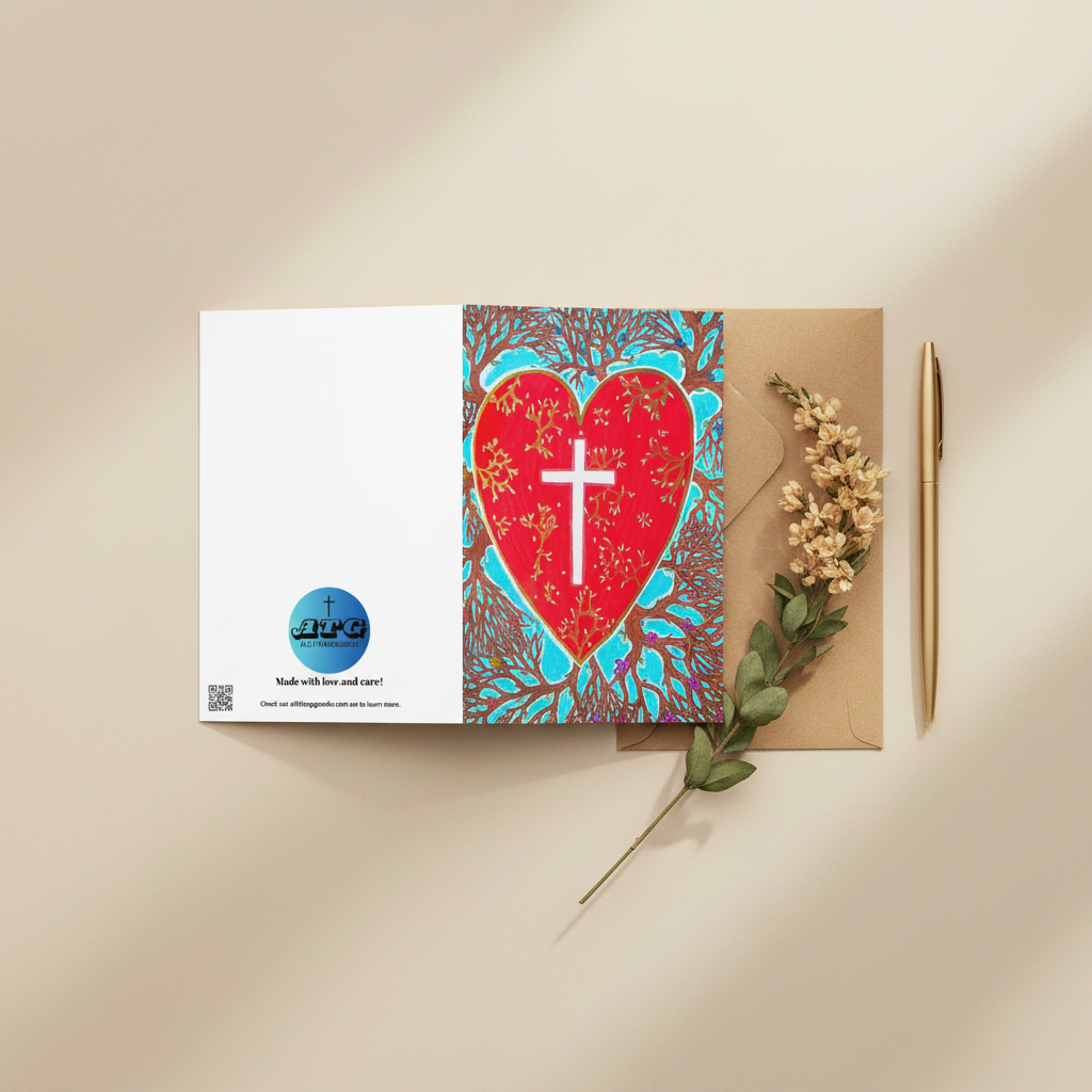 Rooted In Love 4x6 & 5x7 Christian greeting card with red heart and cross design – AllThingsGoode