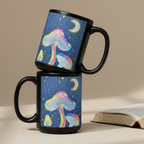 Glowing Mushrooms white 15oz personalised mug featuring 3 glowing mushrooms with a rainy midnight background and a crescent moon – AllThingsGoode