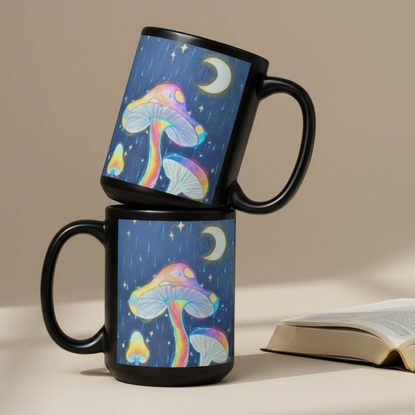Glowing Mushrooms white 15oz personalised mug featuring 3 glowing mushrooms with a rainy midnight background and a crescent moon – AllThingsGoode