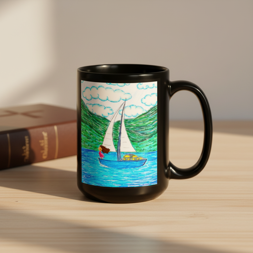 Black ceramic mug, featuring a colourful hand-drawn style illustration of a sailboat on blue water with green hills and white clouds.