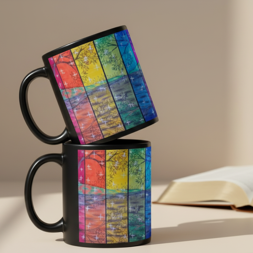 Rainbow Reflections black 11oz personalised mug featuring the colour of the rainbow with trees and stars – AllThingsGoode