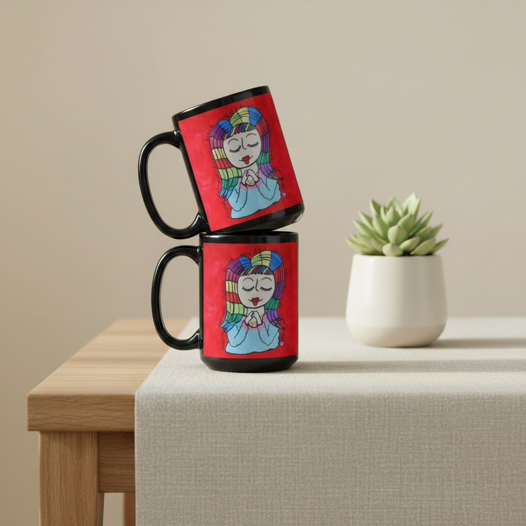 Child of God 15oz black personalised mug featuring a girl with rainbow coloured hair with encouraging and uplifting words surrounding her – AllThingsGoode