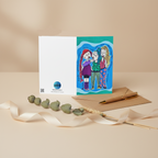 A greeting card with a design of three girls with encouraging words around them.