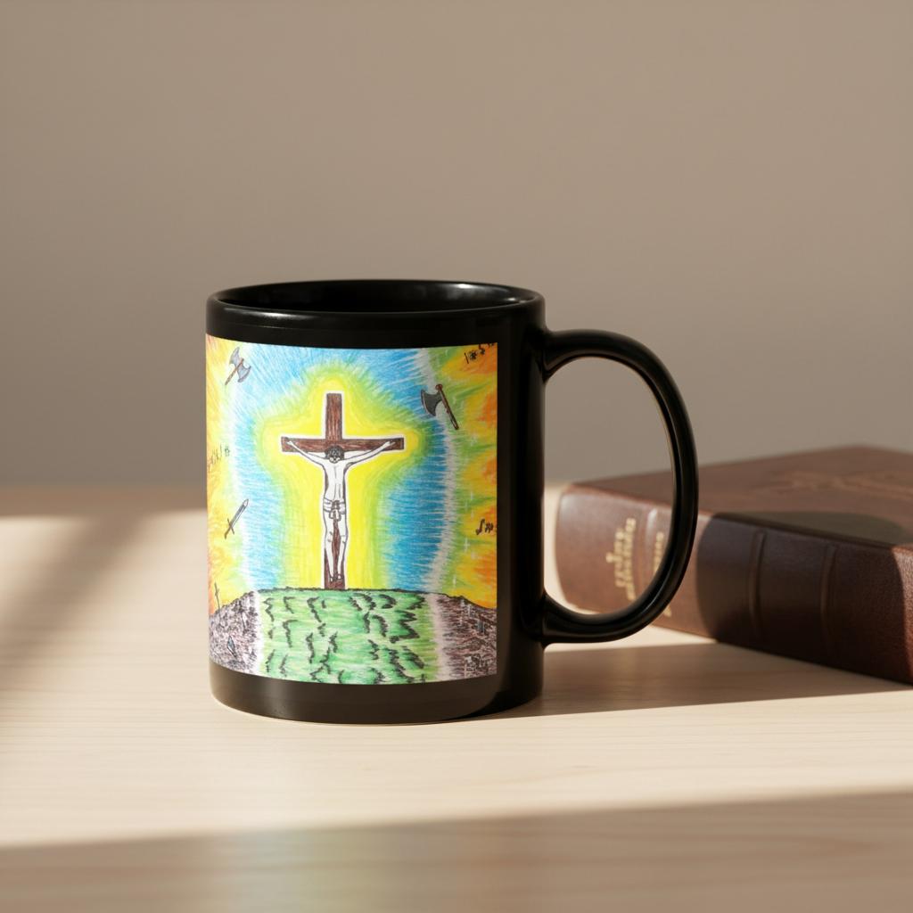 A black ceramic mug featuring a colorful printed illustration of a crucifix scene with a bright blue and yellow glow, green foreground, and small birds, shown on a white background.