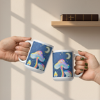 Glowing Mushrooms white 15oz personalised mug featuring 3 glowing mushrooms with a rainy midnight background and a crescent moon – AllThingsGoode