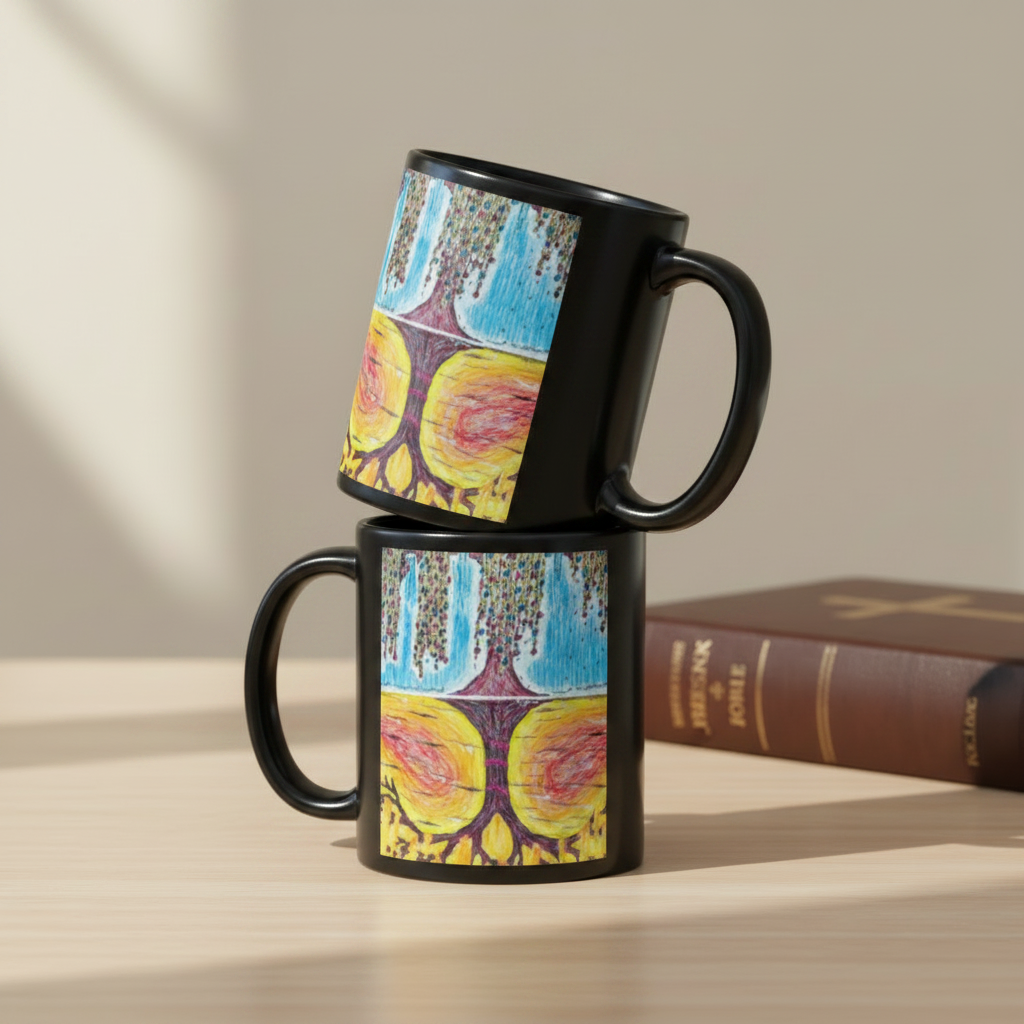 Life Over Death 11oz black personalised mug featuring the tree of life and the tree of the knowledge of good and evil – AllThingsGoode