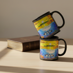 Dolfriends black 11oz personalised mug featuring three dolphin friends in a beautiful ocean with a sunset in the background – AllThingsGoode