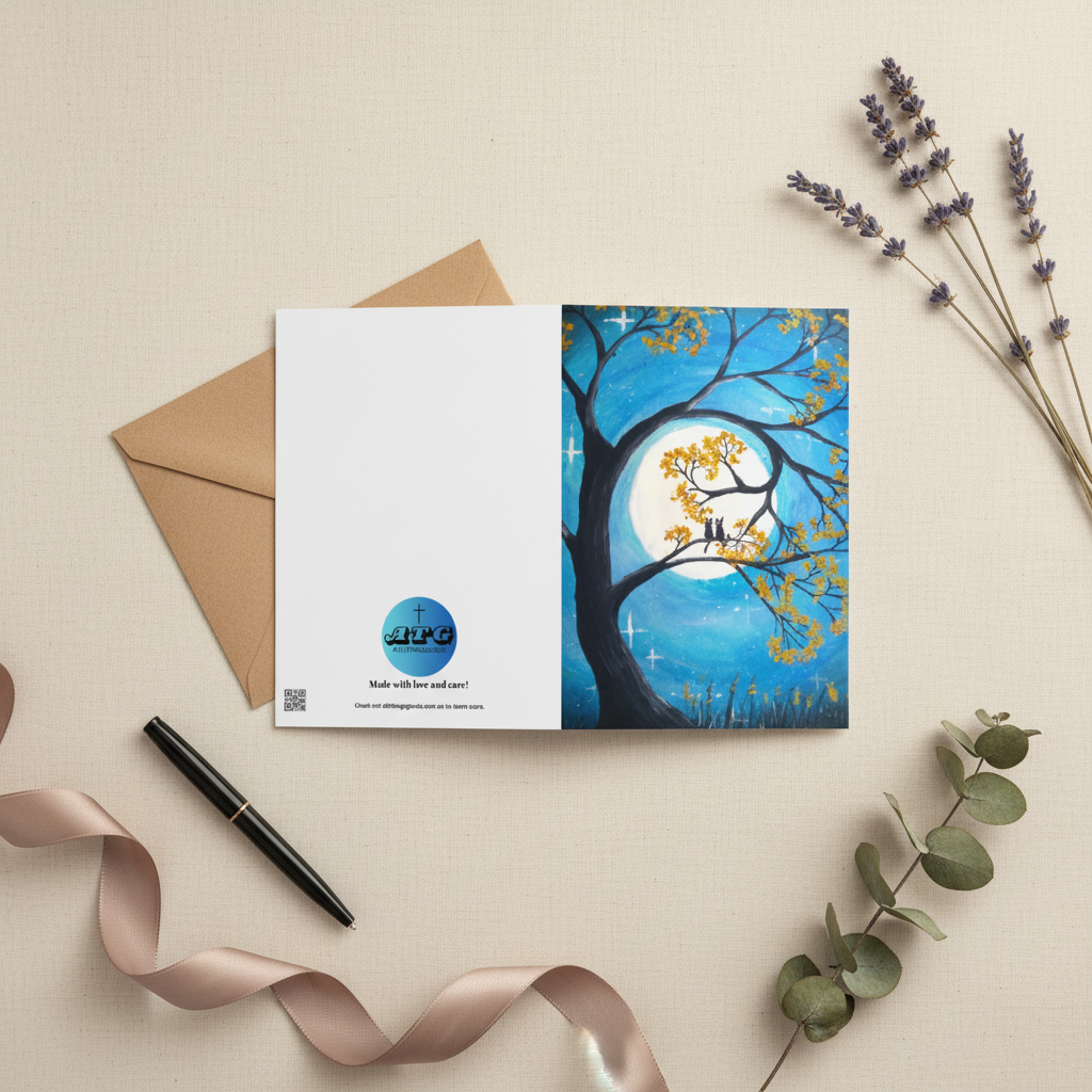 A greeting card with a full moon and two cats design.