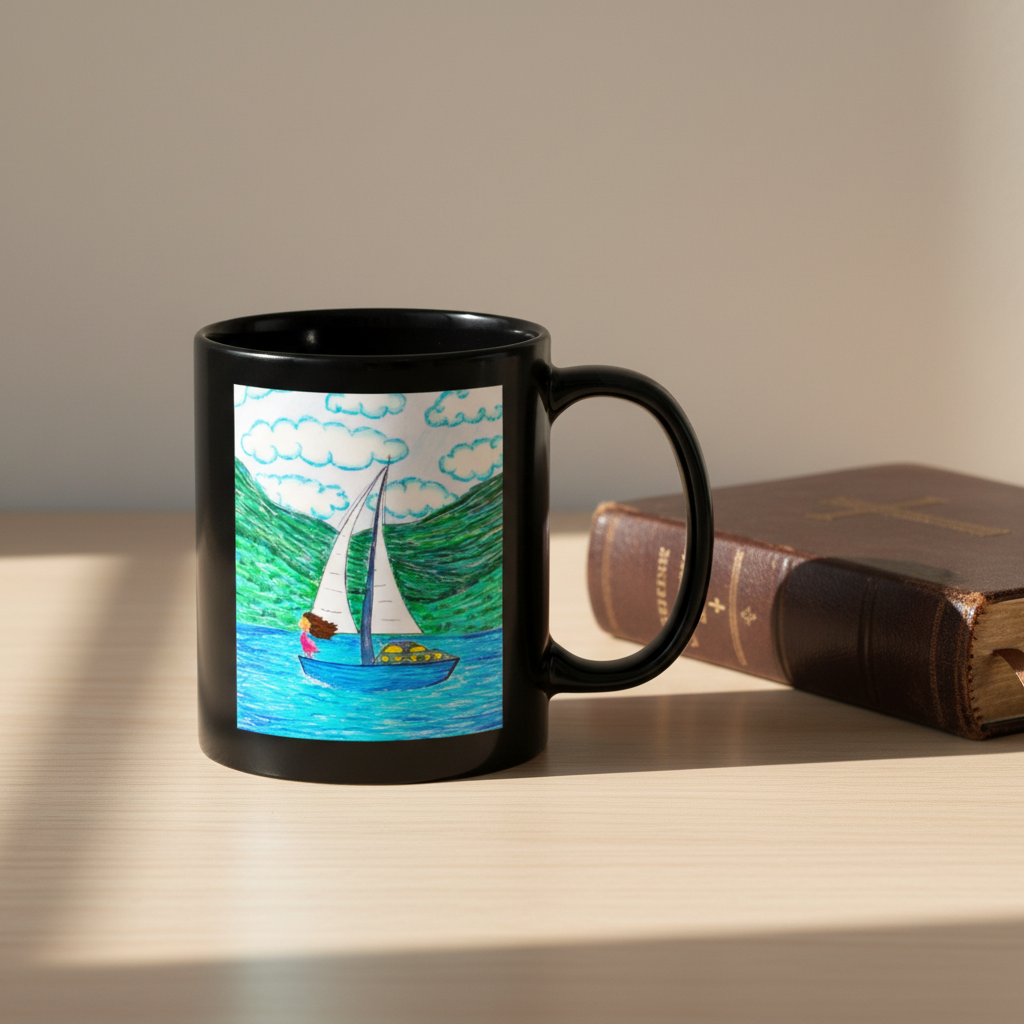 A black ceramic mug with a colorful printed illustration of a sailboat on blue water, green hills, and white clouds, shown on a white background.