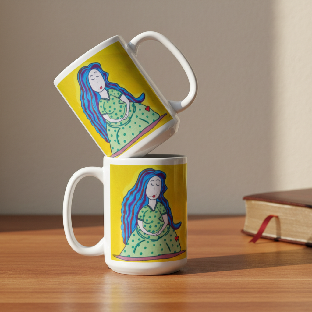 Mother 15oz white personalised mug featuring a pregnant mother with blue hair and a yellow background – AllThingsGoode
