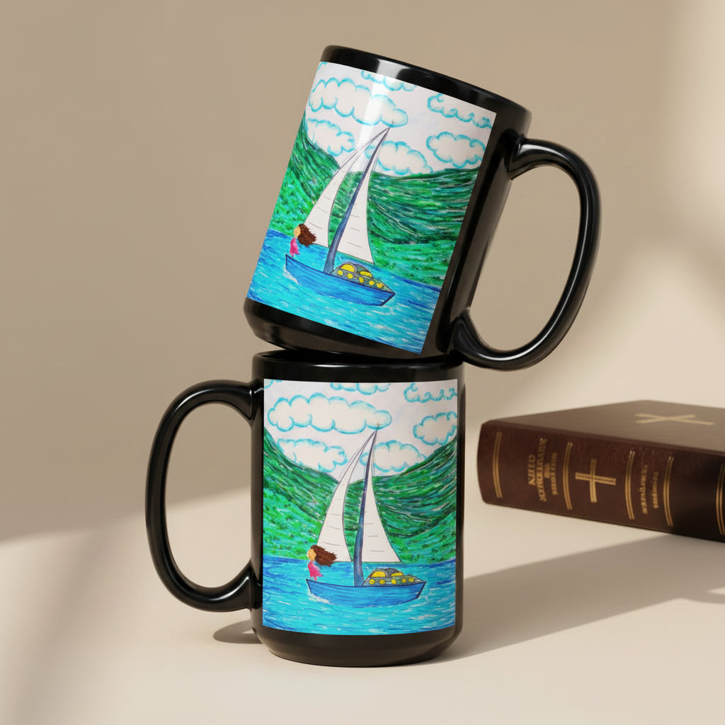 Freedom 15oz black personalised mug featuring a girl on a sailboat sailing across a body of water – AllThingsGoode