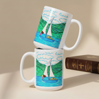 Freedom 15oz white personalised mug featuring a girl on a sailboat sailing across a body of water – AllThingsGoode