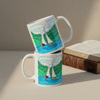 Freedom 11oz white personalised mug featuring a girl on a sailboat sailing across a body of water – AllThingsGoode