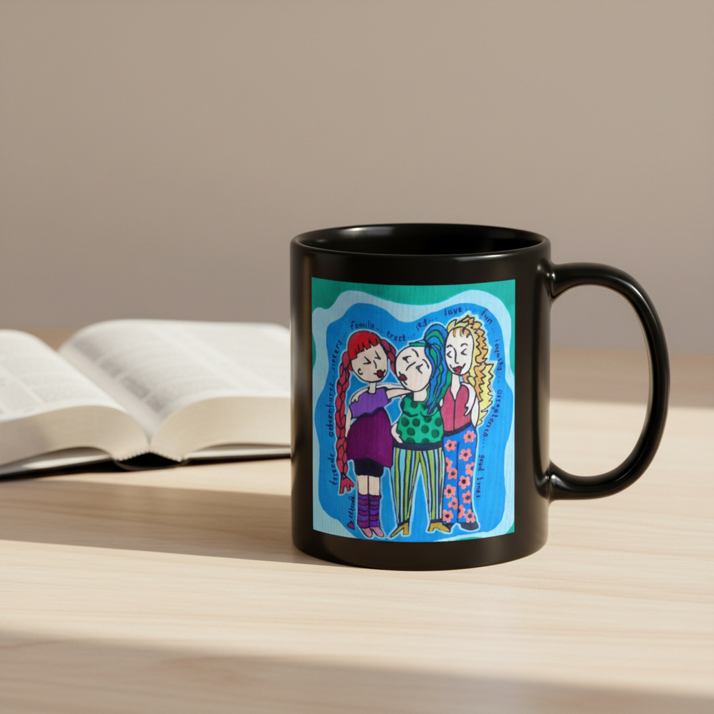 Black mug with three girl friends and encouraging words around them.