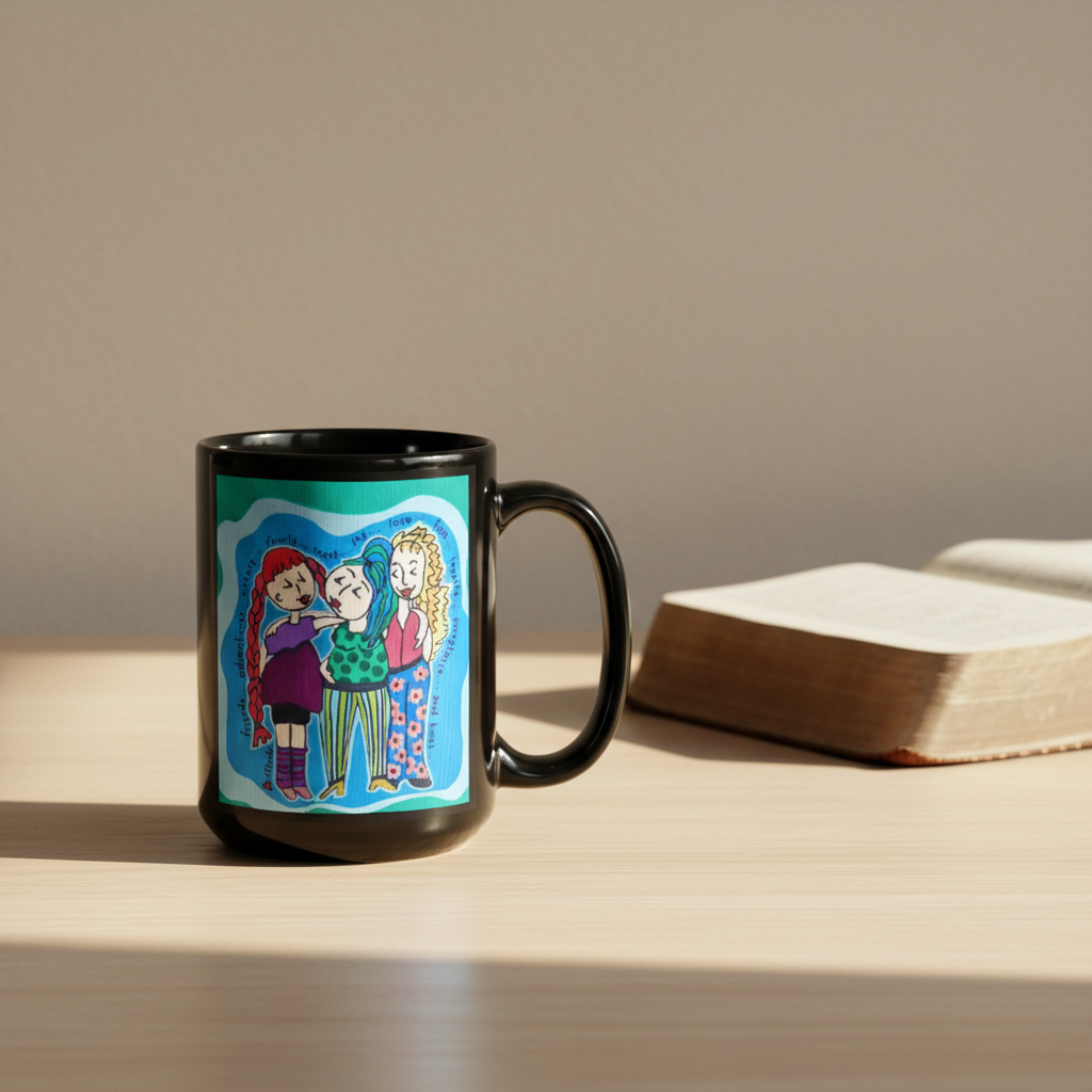 Black mug with colorful illustration of three people on a blue background