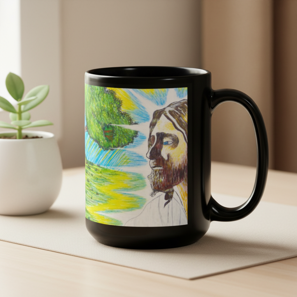 Black mug with a colorful design of a bearded figure and nature elements on a white background