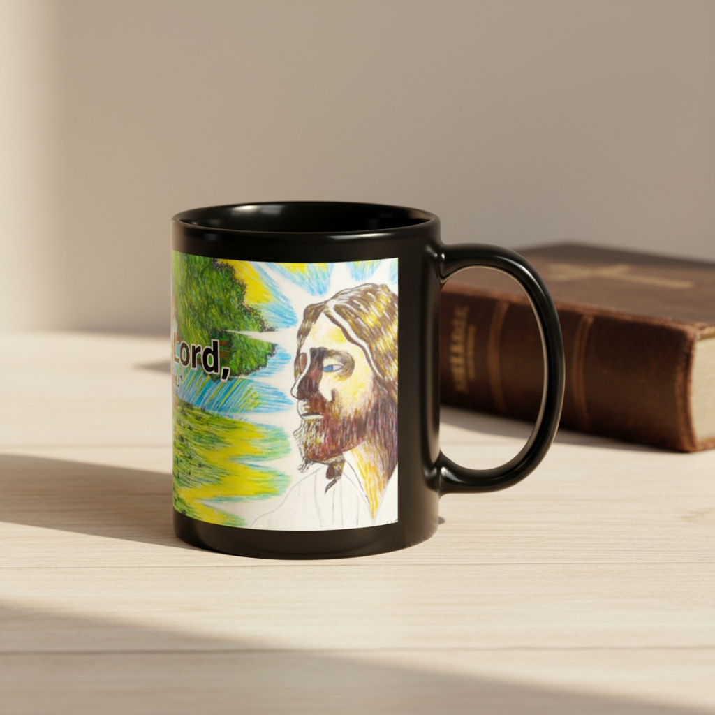 Black mug with a colorful design of a face and the word 'Lord' on a white background
