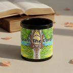 Mug with artistic design and text on a white background