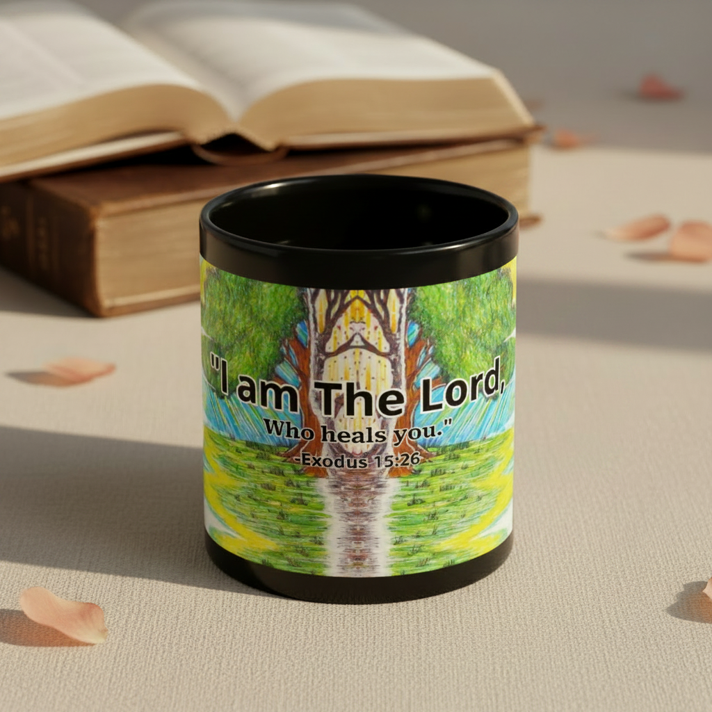 Mug with artistic design and text on a white background