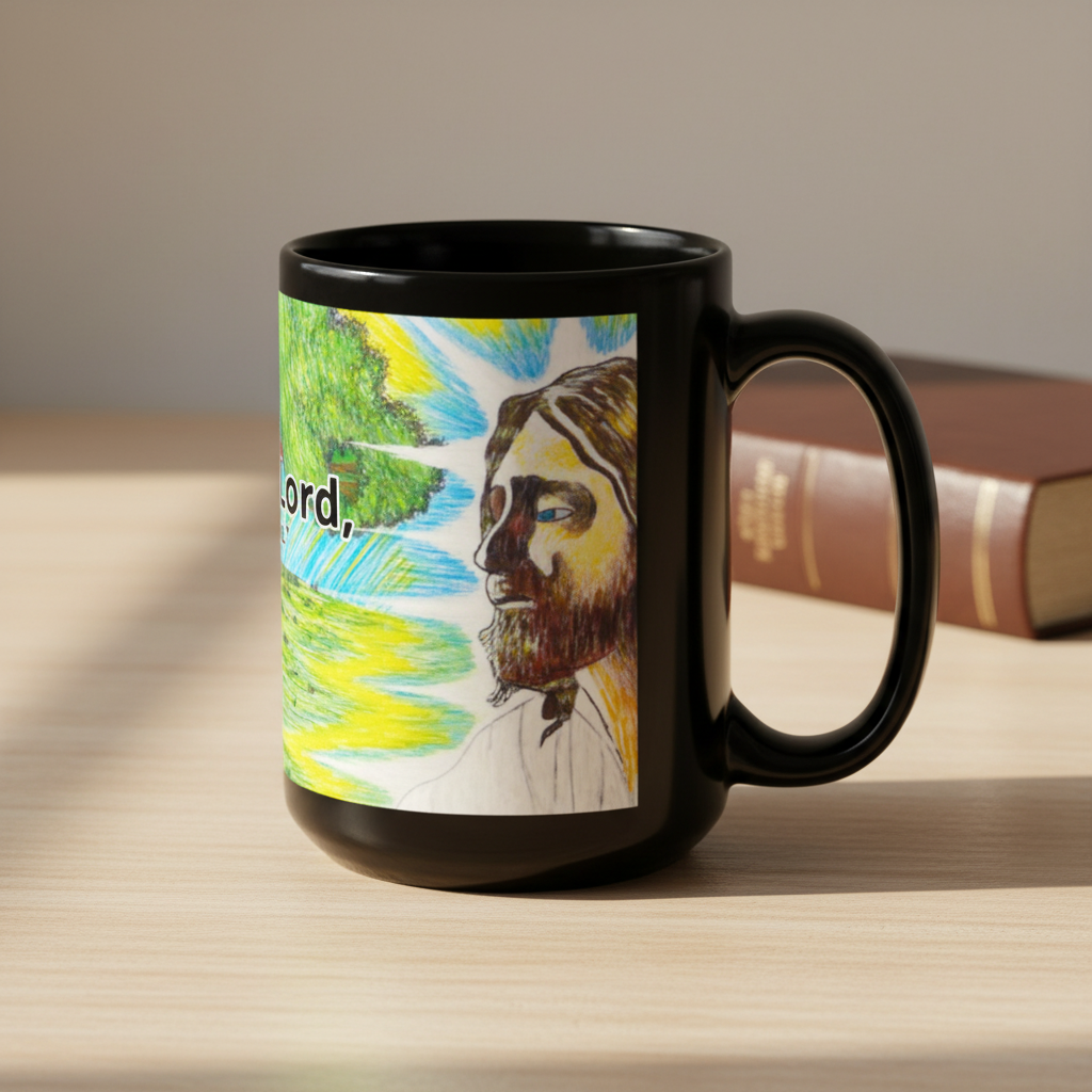 Black mug with a colorful design of a face and text on a white background