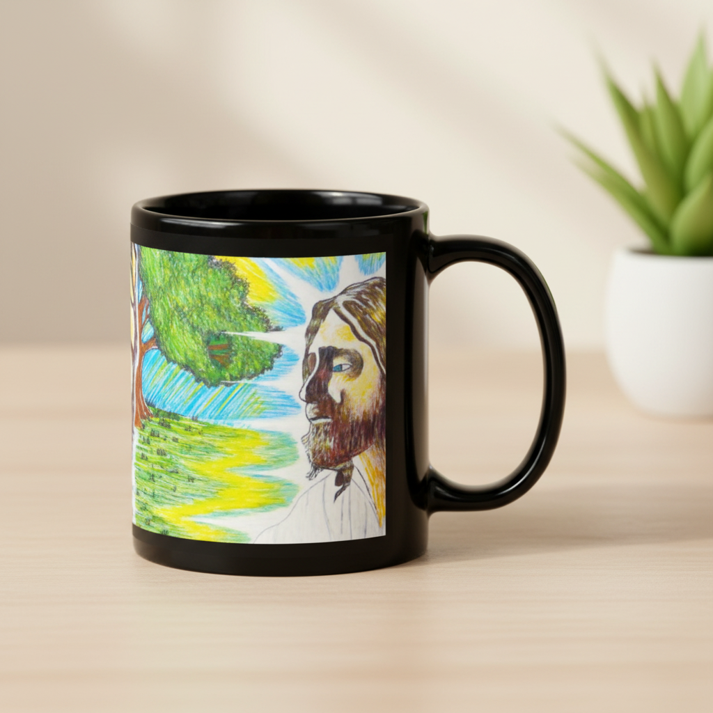 Black mug with a colorful design of a face and nature elements on a white background