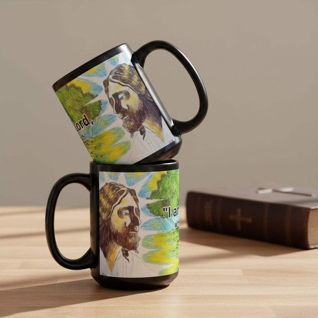 Jesus' Healing Presence 15oz black personalised mug featuring Jesus' presence healing a tree that's on fire – AllThingsGoode