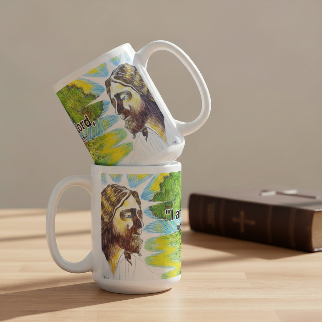 Jesus' Healing Presence 15oz white personalised mug featuring Jesus' presence healing a tree that's on fire – AllThingsGoode