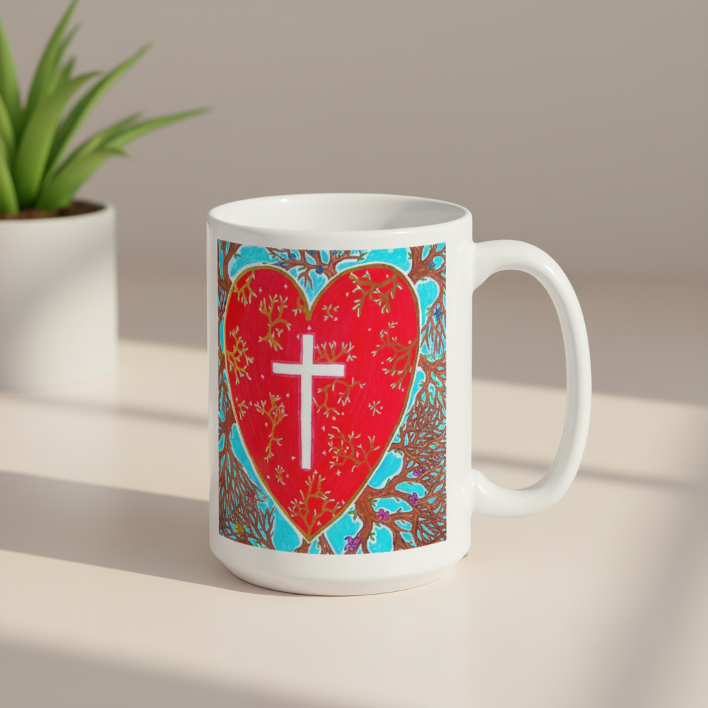 White mug with a red heart design featuring a white cross on a white background