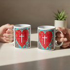 Two mugs being held by two hands with a heart and cross design.