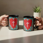 2 mugs stacked with a heart and a cross inside of it with roots surrounding it.