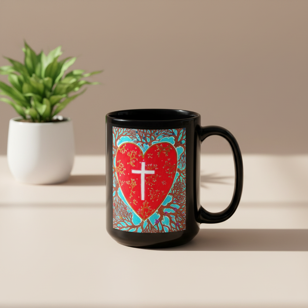 Black mug with a colorful heart and cross design on a white background