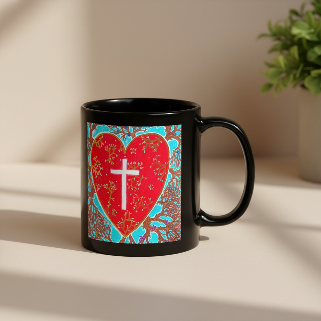 Black mug with a red heart and cross design on a white background