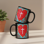 Rooted In Love 11oz black personalised mug featuring a red heart with a cross inside of it and roots coming out of the heart – AllThingsGoode