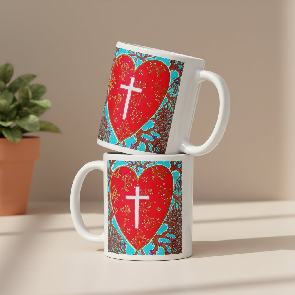 Rooted In Love 11oz white personalised mug featuring a red heart with a cross inside of it and roots coming out of the heart – AllThingsGoode