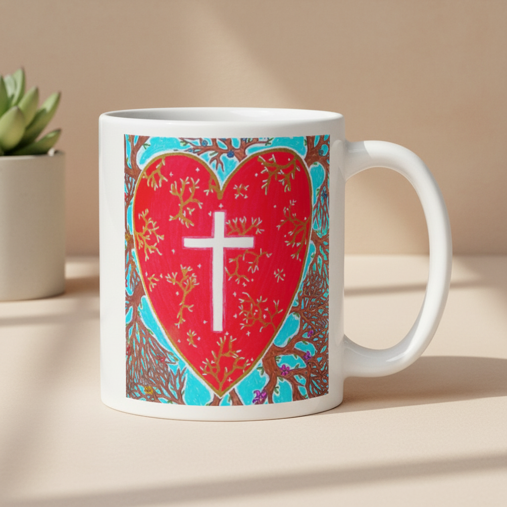 Mug with a red heart design featuring a white cross on a white background