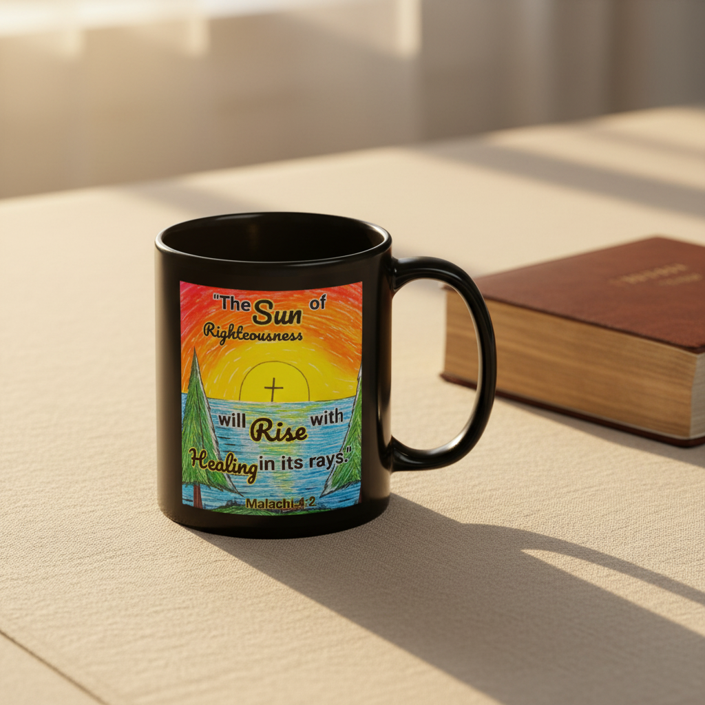 a black mug with a sunrise design with text saying, "The sun of righteousness will rise with healing in its rays." -Malachi 4:2