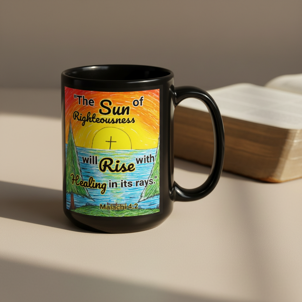 a black mug with a sunrise design with text saying, "The sun of righteousness will rise with healing in its rays." -Malachi 4:2