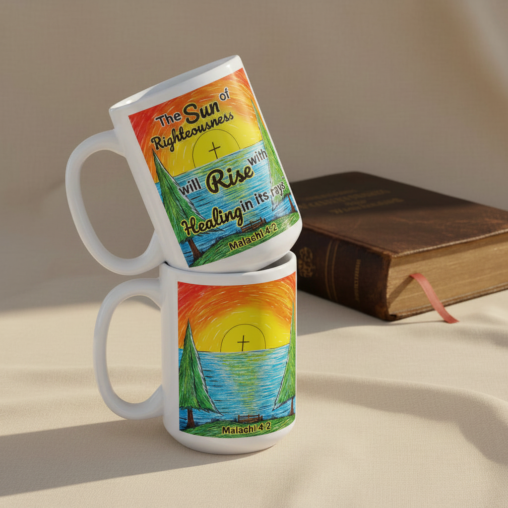 Sonrise 15oz white personalised mug featuring a sunrise with a cross inside of it – AllThingsGoode