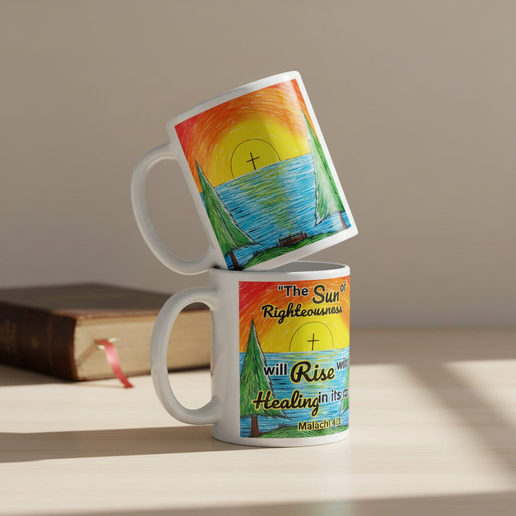 Sonrise 11oz white personalised mug featuring a sunrise with a cross inside of it – AllThingsGoode