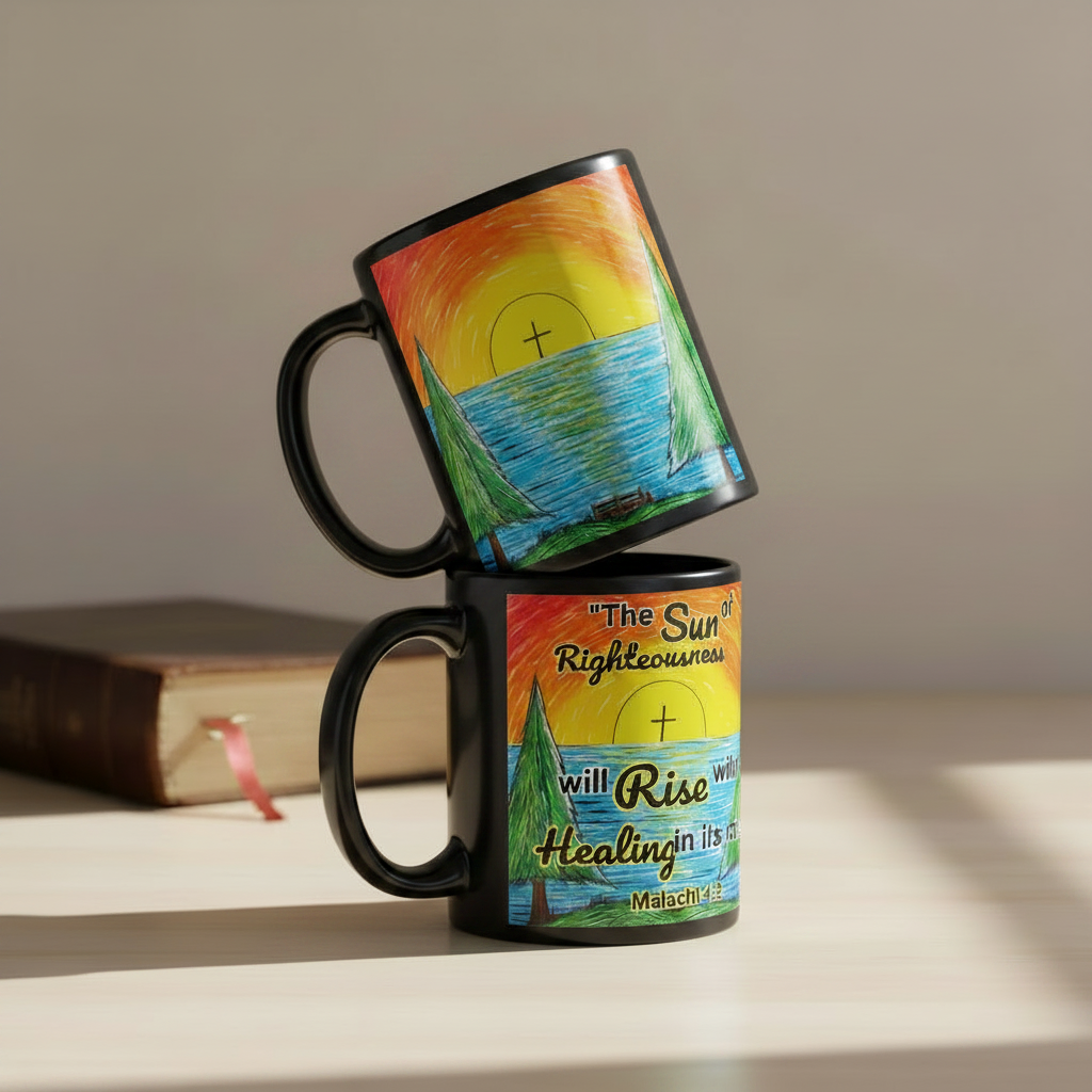 Sonrise 11oz black personalised mug featuring a sunrise with a cross inside of it – AllThingsGoode