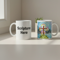 Two hands holding mugs with one featuring a colorful cross design and the other with 'Scripture Here' text.