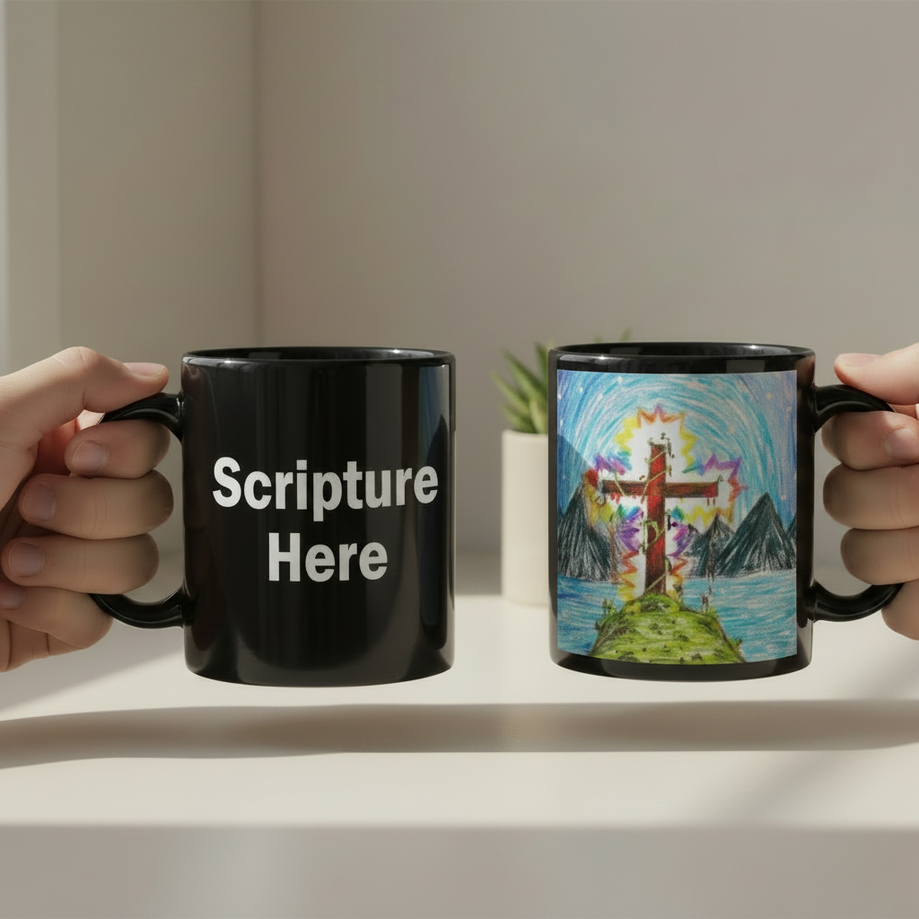 Two hands holding black mugs with one displaying 'Scripture Here' and the other with a colorful design of a cross and mountains.