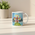 Mug with a colorful cross design on a mountain background