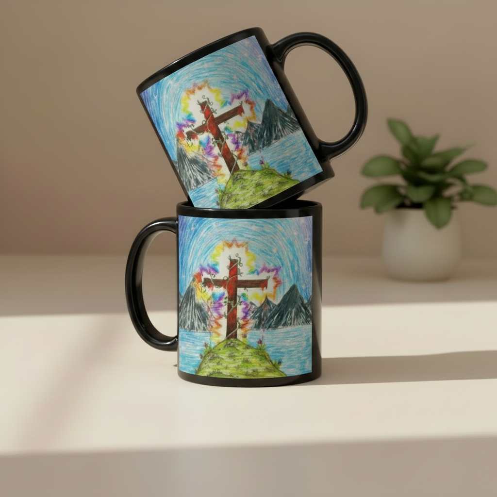 The Glorious Cross 11oz black personalised mug featuring the cross of Jesus shining the glorious light, lighting up it's surroundings – AllThingsGoode
