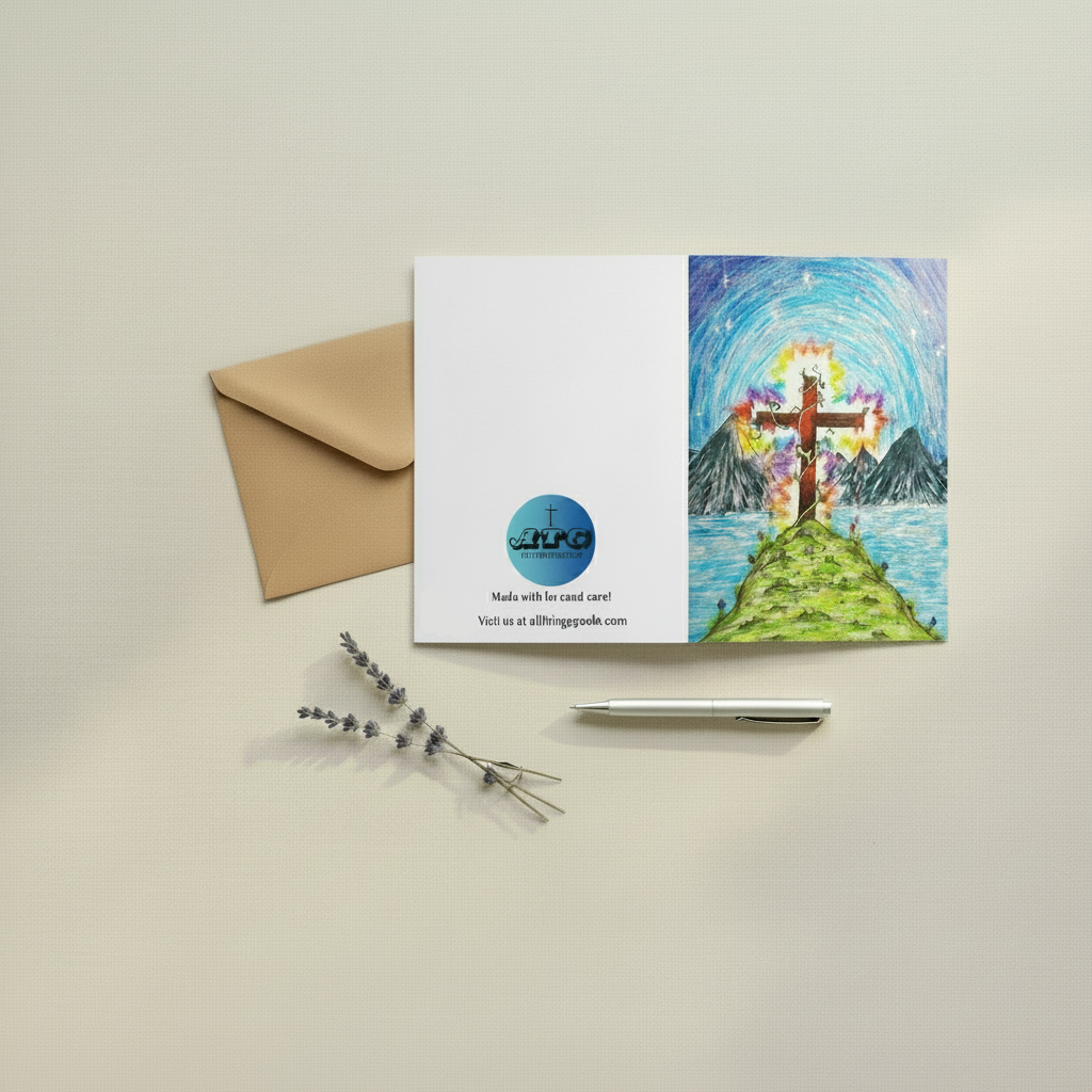 The Glorious Cross 4x6" & 5x7" greeting card featuring the cross of Jesus Christ with radiant glory lighting up it's surroundings – AllThingsGoode
