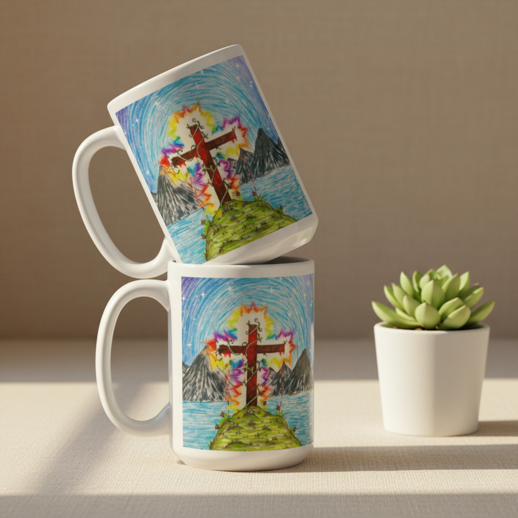 The Glorious Cross 15oz white personalised mug featuring the cross of Jesus shining the glorious light, lighting up it's surroundings – AllThingsGoode