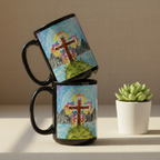 The Glorious Cross 15oz black personalised mug featuring the cross of Jesus shining the glorious light, lighting up it's surroundings – AllThingsGoode